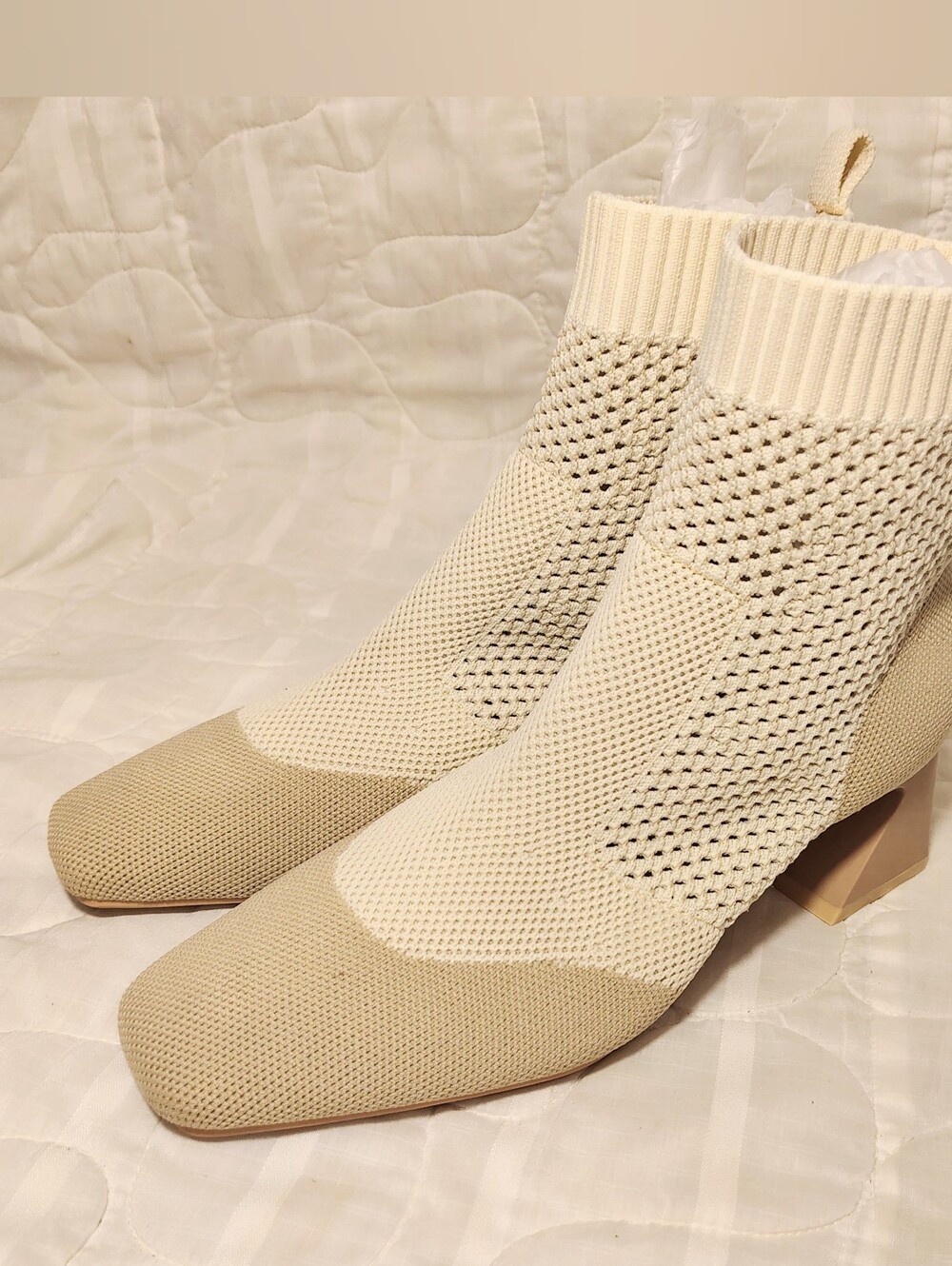 VIVAIA Melissa Square Toe Perforated Knit Sock Ankle Boots Cream Size 38 / 7.5